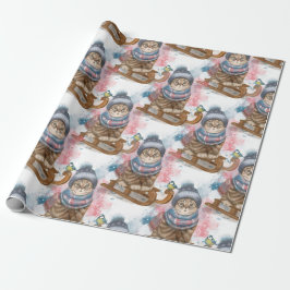 Niedliche Ferienkatze auf Schlitten Geschenkpapier