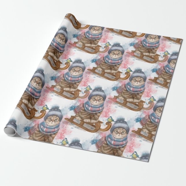 Niedliche Ferienkatze auf Schlitten Geschenkpapier (Ungerollt)