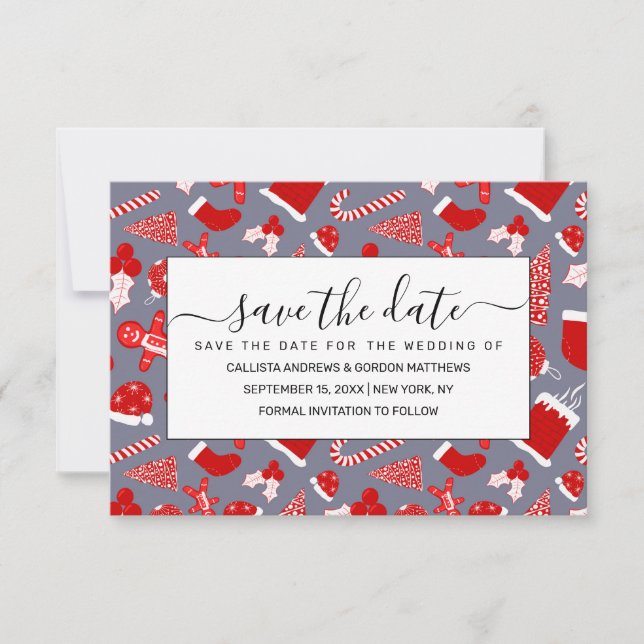 Niedliche festliche rote Illustrationen Weihnachts Save The Date (Vorderseite)
