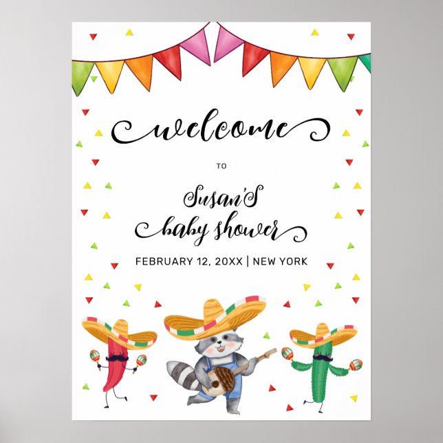 Niedliche Fiesta Taco Cactus Animal Baby Dusche Em Poster (Vorne)