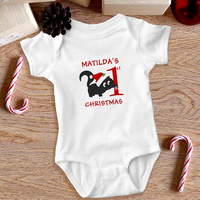 Niedliche First Christmas Black Kitty Cat Girls Baby Strampler (Santa Kitty Cat is here to celebrate your little one's 1st Christmas. Just add your name)