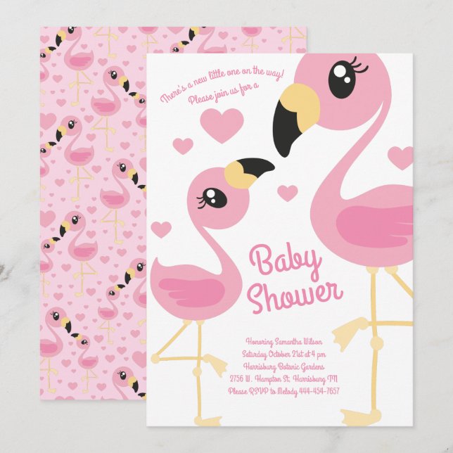 Niedliche Flamingo Baby Dusche Tropical Beach Pink Einladung (Vorne/Hinten)