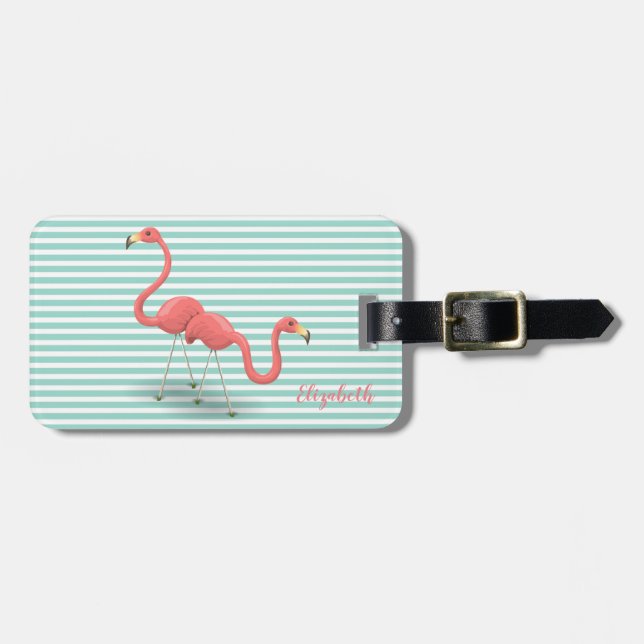 Niedliche Flamingos an schmalen, weißen Streifen Gepäckanhänger (Vorderseite horizontal)