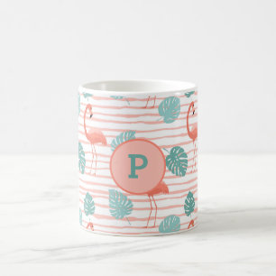 Niedliche Flamingos auf rosa und grüne Blattfarbe Kaffeetasse