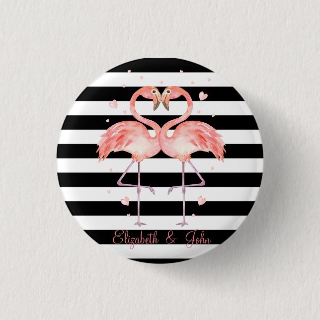 Niedliche Flamingos in Liebe, Schwarz-weiße Streif Button (Vorderseite)