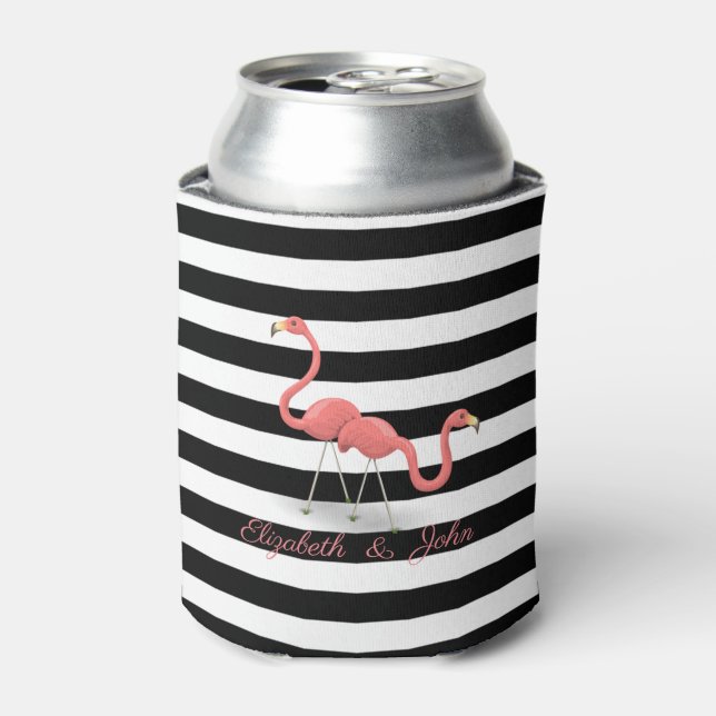 Niedliche Flamingos, Schwarz-weiße Streifen, Perso Dosenkühler (Kanne Vorderseite)