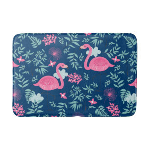Niedliche Flamingos und Blume auf blauem Navy-Hint Badematte