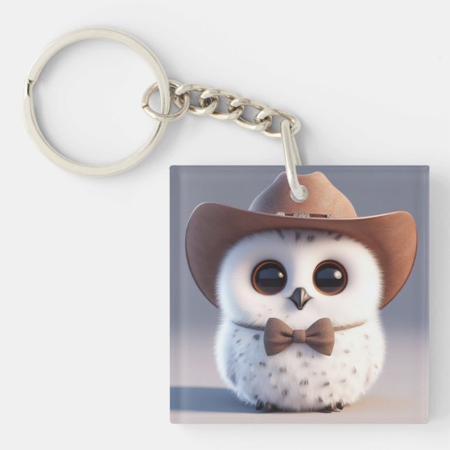 Niedliche, flauschige Uhu mit Cowboy-Hut Schlüsselanhänger (Vorderseite)