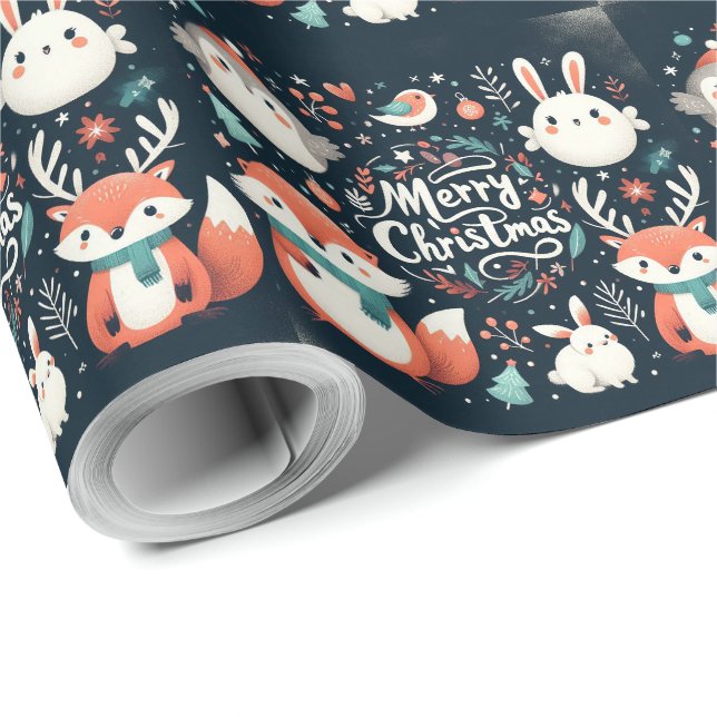 Niedliche, flauschige Weihnachtsfüchse und Kaninch Geschenkpapier (Rolleneckpunkt)