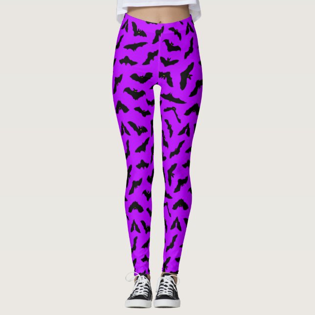 Niedliche Fledermäuse Lila Flechtmuster Halloween Leggings (Vorderseite)