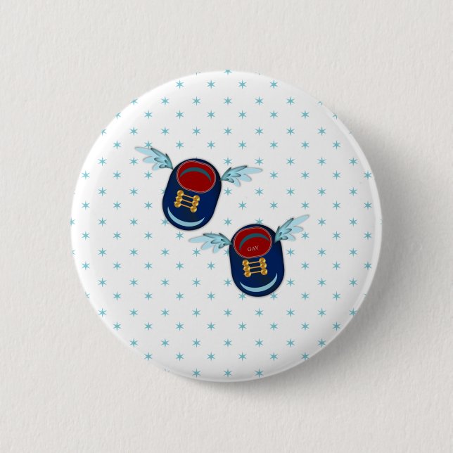 Niedliche, fliegende, kleine Babyschuhe in Blau un Button (Vorderseite)