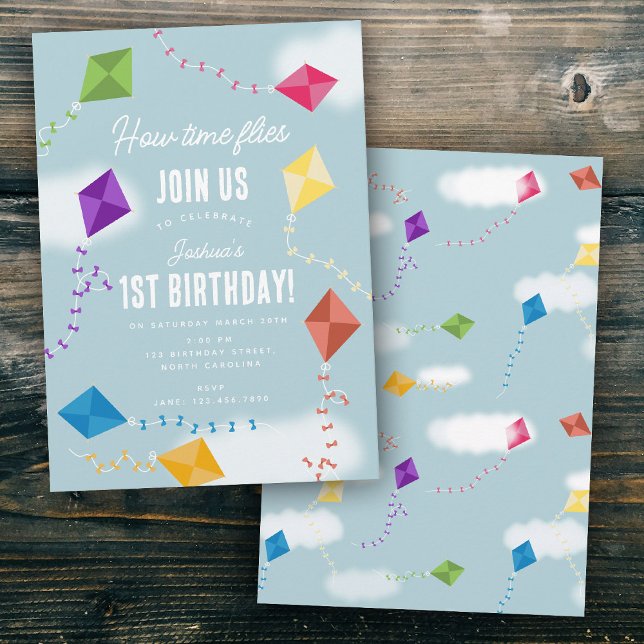 Niedliche Fliegerkite Kinder wie die Zeit zum Gebu Einladung (Cute Flying Kites Kids How Time Flies Birthday Invitation)