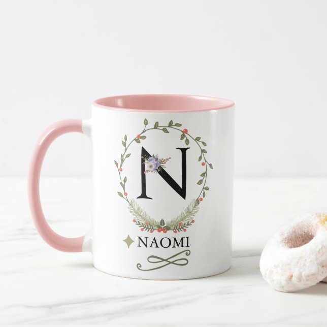 Niedliche Floral Letter N Monogramm-Tasse Tasse (Mit Donut)
