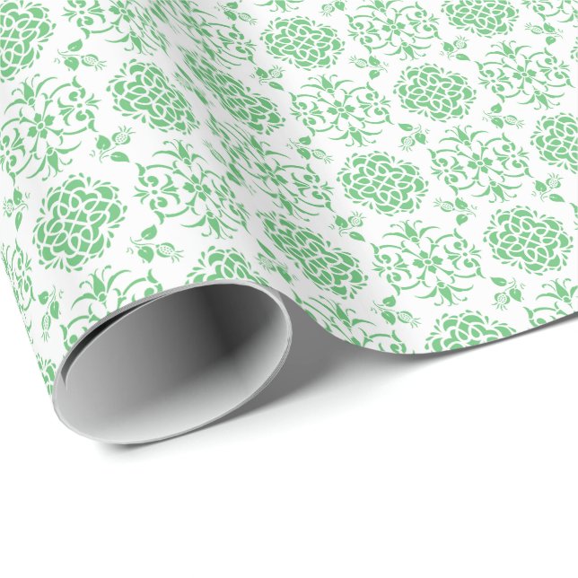 Niedliche florale Damask Stylie Muster grün und we Geschenkpapier (Rolleneckpunkt)