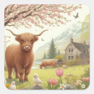 Niedliche, florale/frühlingshaltige Kuh Quadratischer Aufkleber