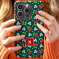 Niedliche florale Polka Dot Cherries Aquamarin Mon