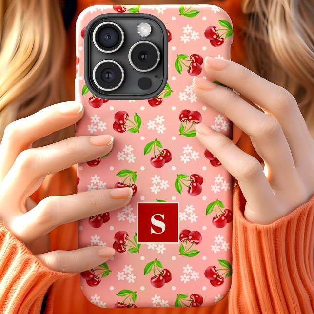 Niedliche florale Polka Dot Cherries Pink Monogram Case-Mate iPhone Hülle (Von Creator hochgeladen)