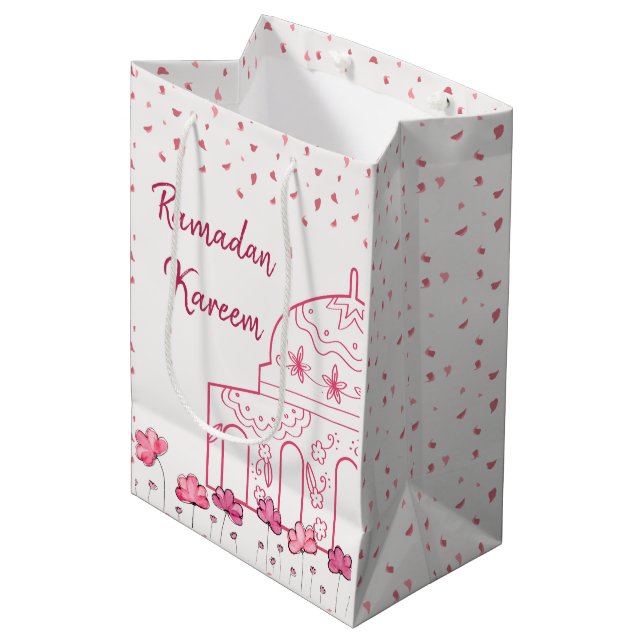 Niedliche florale rosa Moschee Islamisch Ramadan K Mittlere Geschenktüte (Vorderseite Schrägansicht)