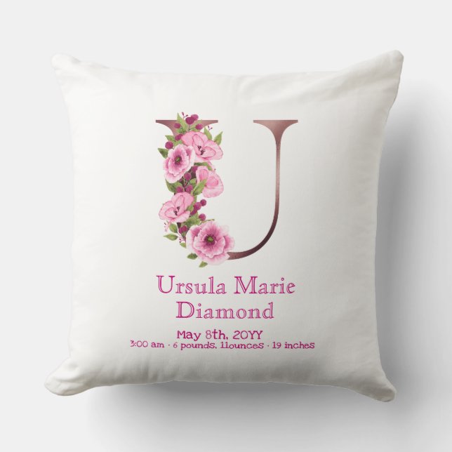 Niedliche florale Rose Gold U Monogram Birth State Kissen (Vorderseite)