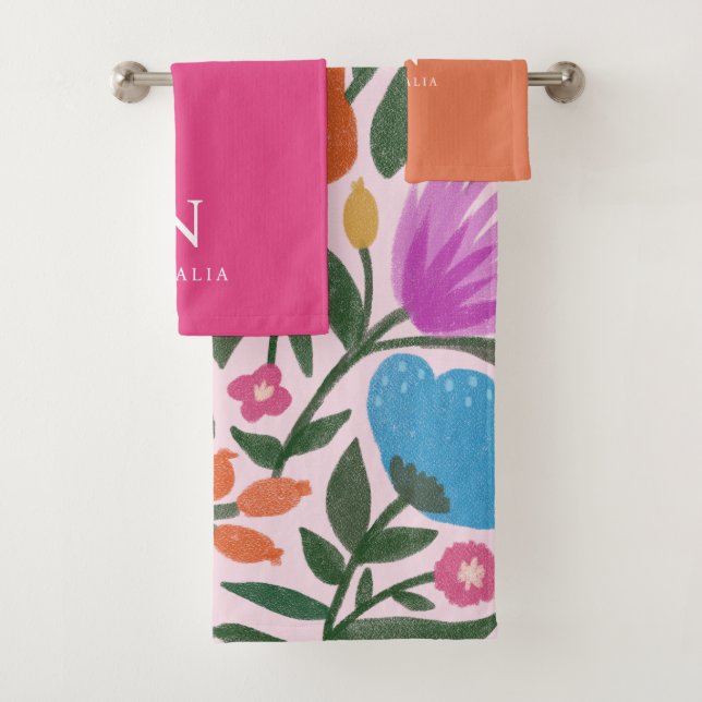 Niedliche Florals Girls Monogramm und Name Badhandtuch Set (Insitu)