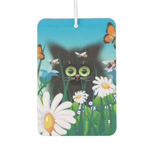 Niedliche Fluffy Black Kitten und Daisies Art Autolufterfrischer