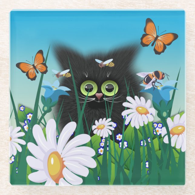 Niedliche Fluffy Black Kitten und Daisies Art Glasuntersetzer (Vorderseite)