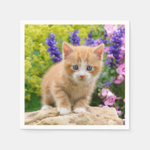 Niedliche Fluffy Ginger Baby Cat Kitten in Blume H Serviette