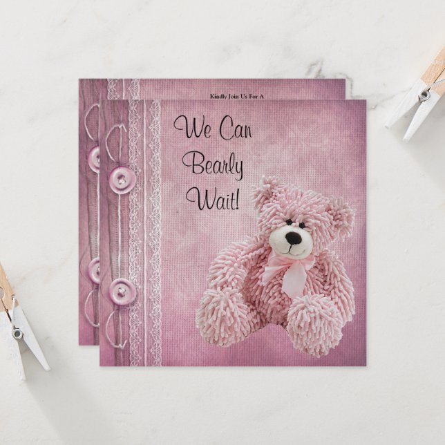 Niedliche Fluffy Pink Teddy Baby Dusche Einladung (Vorderseite/Rückseite Beispiel)