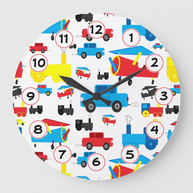 Niedliche Flugzeug, Züge und Autos Große Wanduhr (Vorderseite)