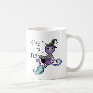 Niedliche Flying Hexenkatze   Zeit zum Fliegen Kaffeetasse
