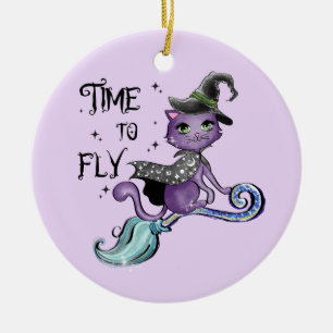 Niedliche Flying Hexenkatze   Zeit zum Fliegen Keramik Ornament