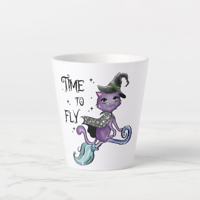 Niedliche Flying Hexenkatze | Zeit zum Fliegen Milchtasse (Vorderseite)