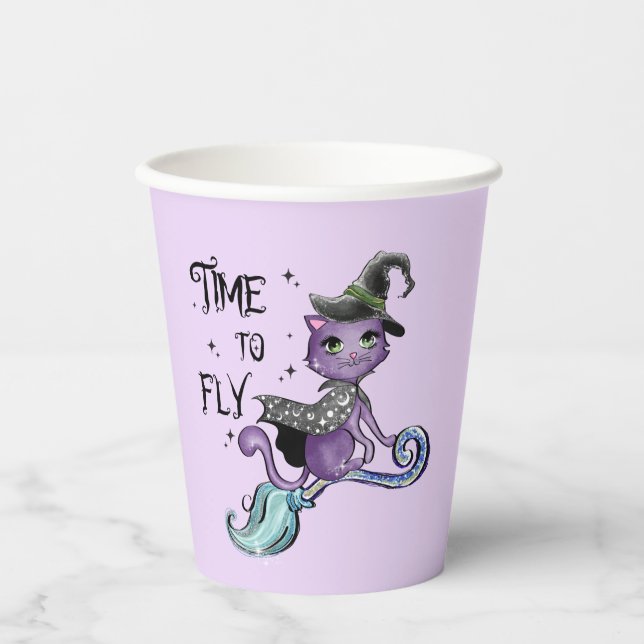 Niedliche Flying Hexenkatze | Zeit zum Fliegen Pappbecher (Vorderseite)