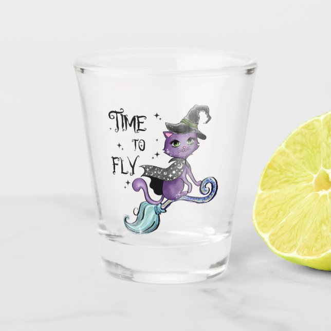 Niedliche Flying Hexenkatze | Zeit zum Fliegen Schnapsglas (Vorderseite)