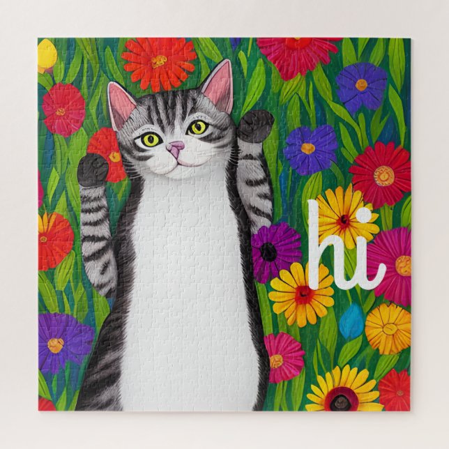 Niedliche Folk Art Cat Sprichwort Hi unter Blume (Vertikal)