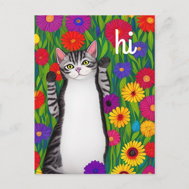 Niedliche Folk Art Cat Sprichwort Hi unter Blume Postkarte (Vorderseite)