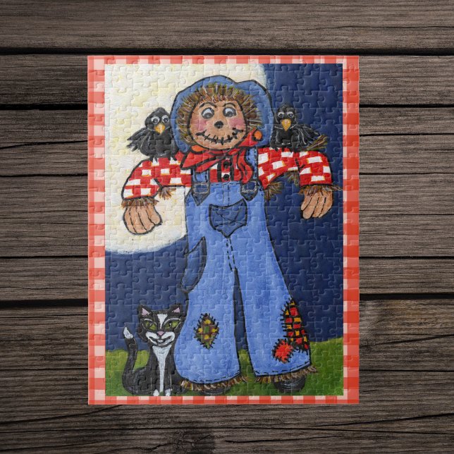 Niedliche Folklore Kunst, Dichtung und Musik Cat C (Cute scarecrow plain shirt overalls with cat and crows big moon plaid border jigsaw puzzle.)