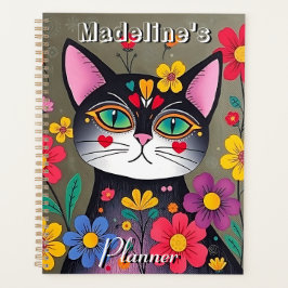 Niedliche Folklorekunst Schwarze Katze und Blume P Planer