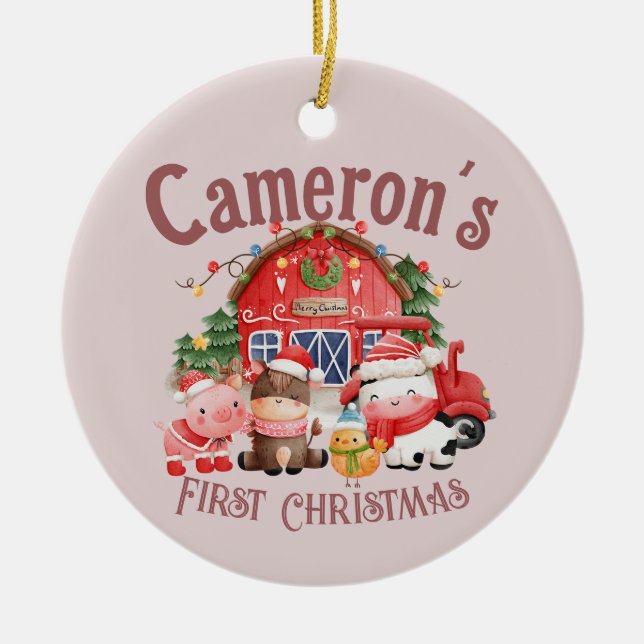 Niedliche Foto Weihnachtsbaumtiere in Rosa Keramik Ornament (Vorne)