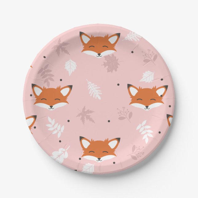 Niedliche Fox-Gesichter und Blätter in rosa Hinter Pappteller (Vorderseite)