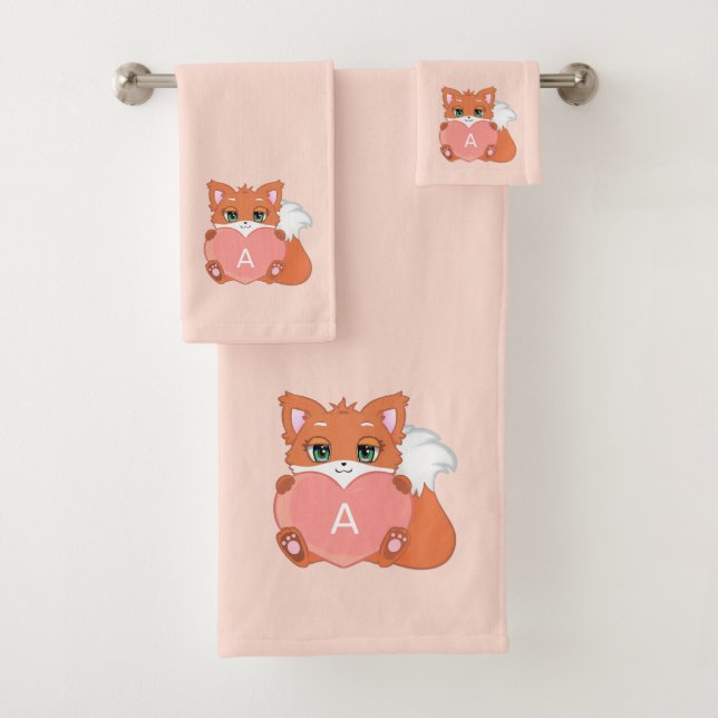 Niedliche Fox & Monogramm auf hellkornrosa Badhandtuch Set (Insitu)