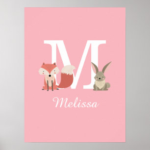 Niedliche Fox- und Kaninchenwaldtiere, rosa Poster