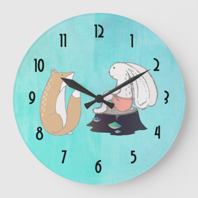 Niedliche Fox- und Rabbit-Waldkreaturen Zeichnend Große Wanduhr (Vorderseite)