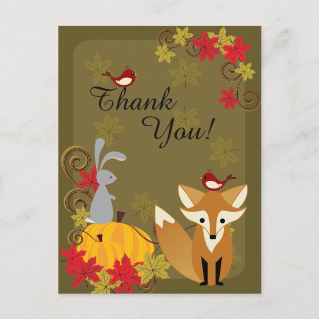 Niedliche Fox- und Waldtiere Herbst Danke Postkarte (Vorderseite)