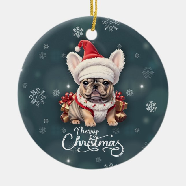 Niedliche französische Bulldog-Weihnachtsmannmütze Keramik Ornament (Vorne)