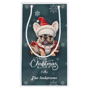 Niedliche französische Bulldog-Weihnachtsmannmütze Kleine Geschenktüte