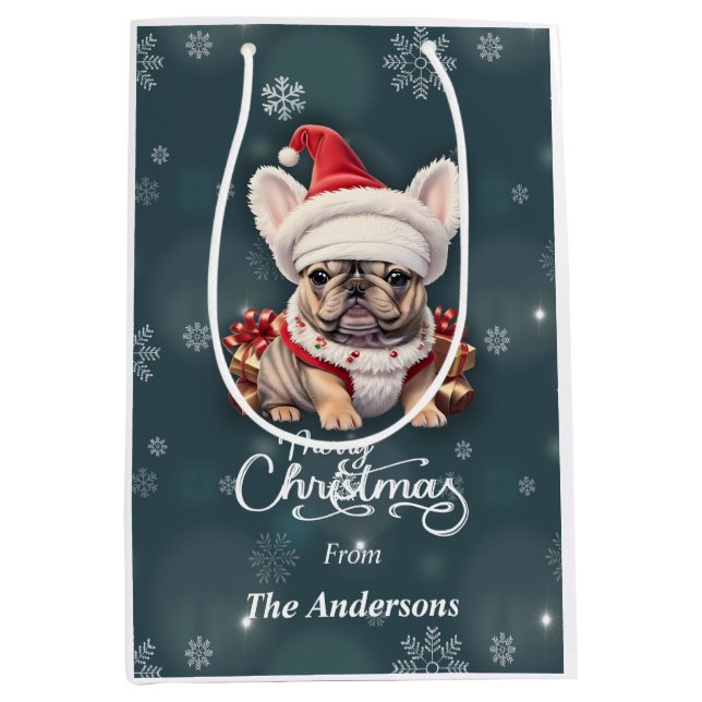 Niedliche französische Bulldog-Weihnachtsmannmütze Mittlere Geschenktüte (Vorderseite)