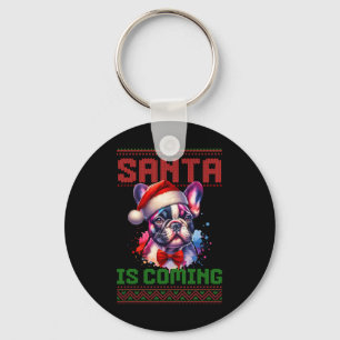 Niedliche französische Bulldog-Weihnachtsmannmütze Schlüsselanhänger