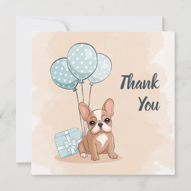 Niedliche französische Bulldog Welpe Blue Balloon  Dankeskarte (Vorderseite)