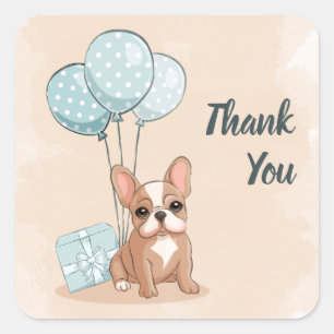 Niedliche französische Bulldog Welpe Blue Balloon Quadratischer Aufkleber